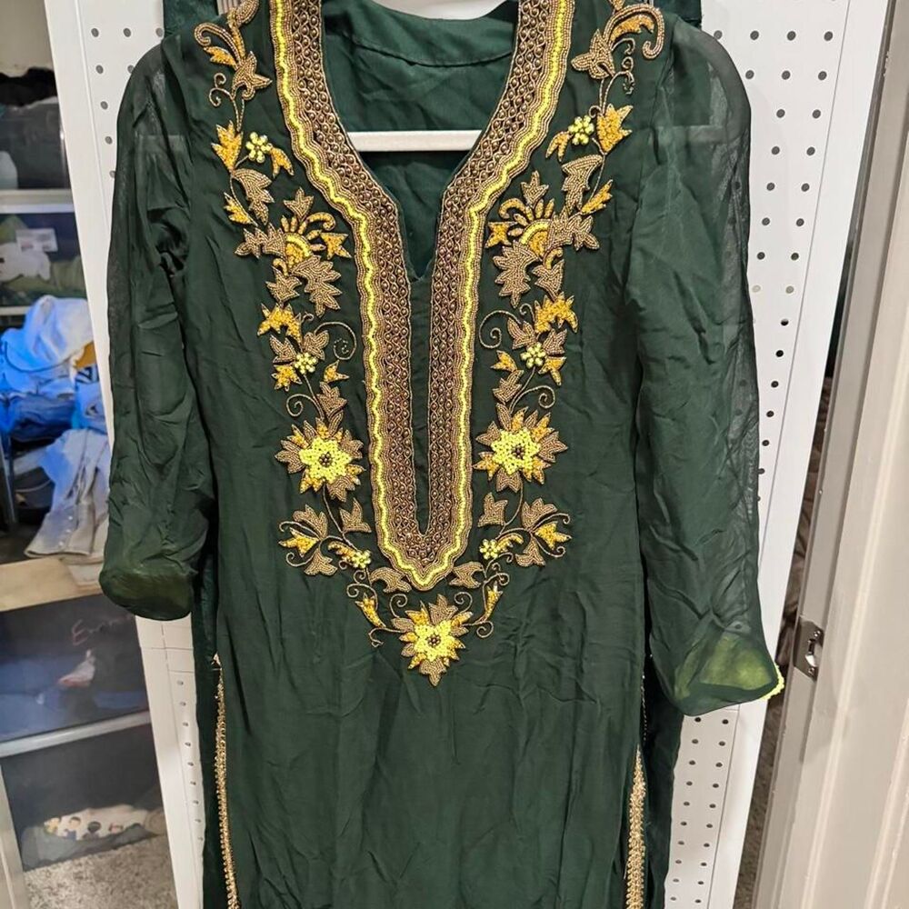 Embellished Green Kurta Palazzo Set Gold Beaded Floral South Asian Formal Outfit